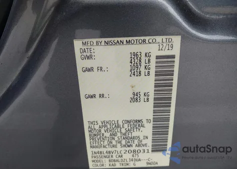 2020 Nissan Altima S Fwd from USA, damaged, VIN 1N4BL4BV7LC208031